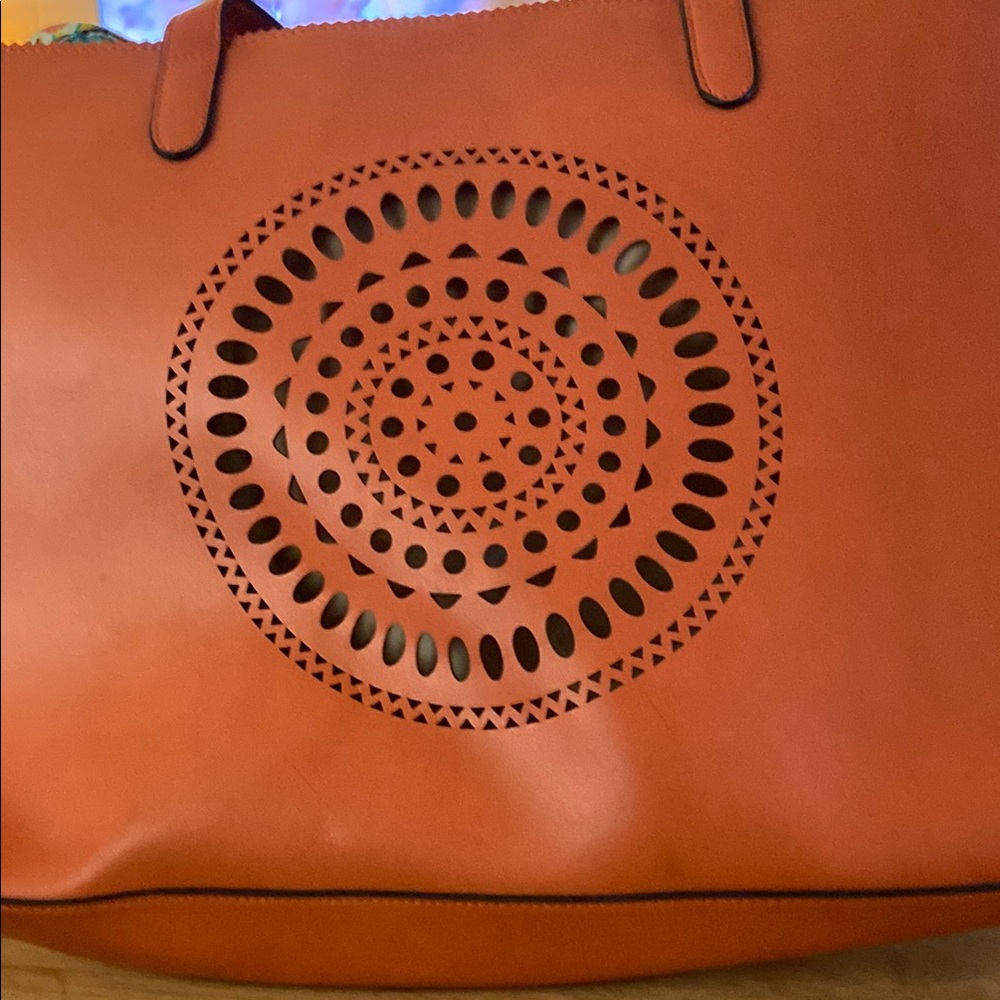 Neiman Marcus Orange Laser-Cut Circular Motif Tote